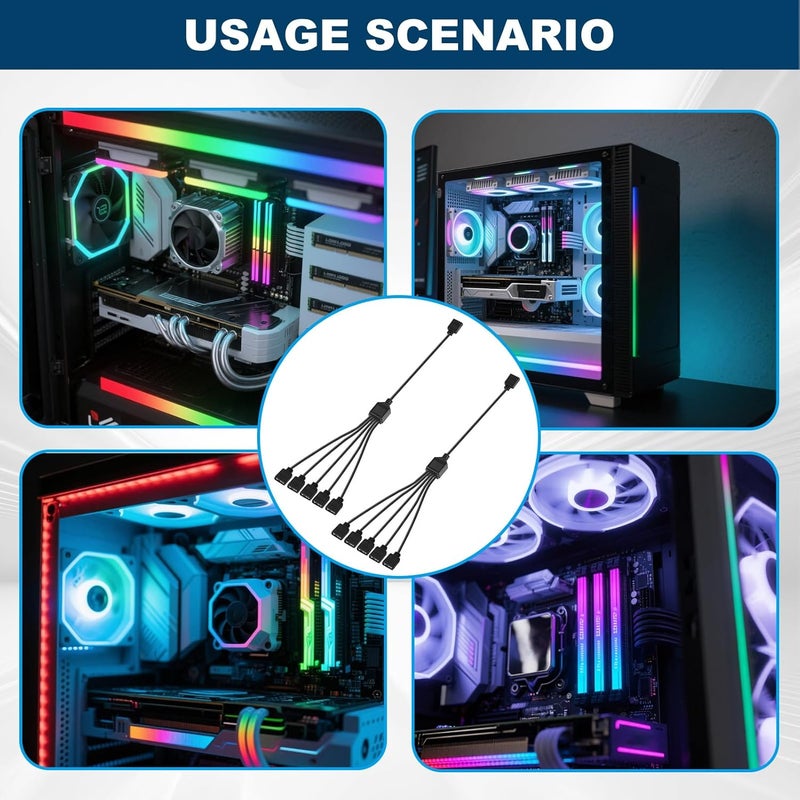 TNJPSEK 3Pin ARGB Spliter Cables with Male Pins, Female to Female Addressable RGB Spliter Extension Cable, 3-Pin RGB Splitter for 5V Computer Chassis PC Fans CPU Coolers Heat Sink (1-to-5 Black) - Image 2